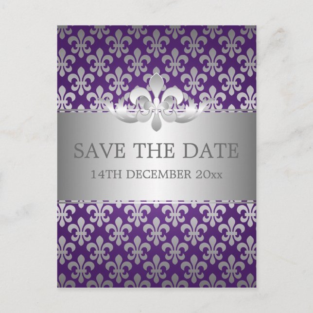 Elegant Save The Date Fleur De Lis Purple Announcement Postcard (Front)