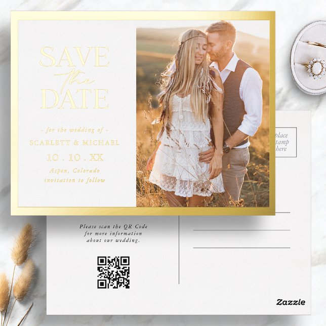 Elegant Save The Date Foil Invitation Postcard (Elegant Gold Border Photo Save The Date Foil Invitation Postcard QR Code by Painted Paperie
)