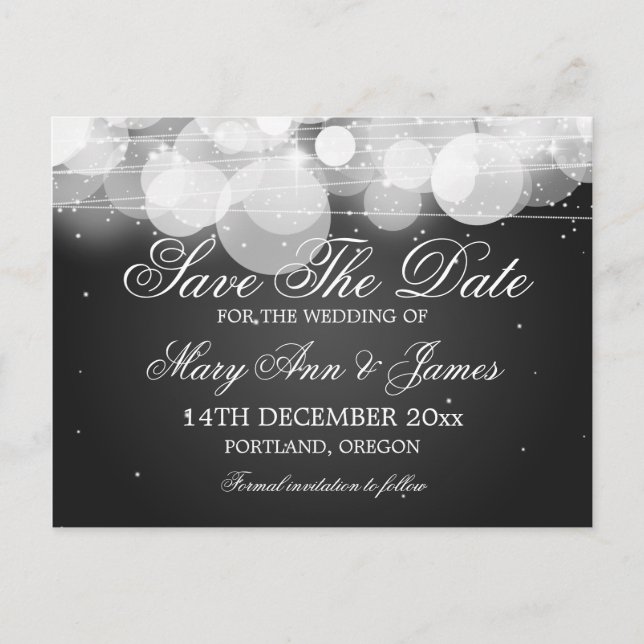 Elegant Save The Date Glow & Sparkle Black Announcement Postcard (Front)