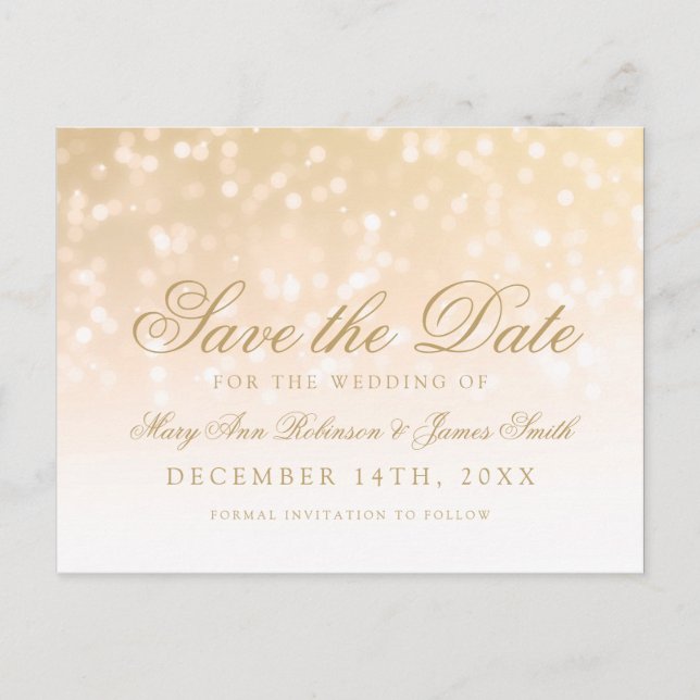 Elegant Save The Date Gold Bokeh Sparkle Lights Announcement Postcard (Front)