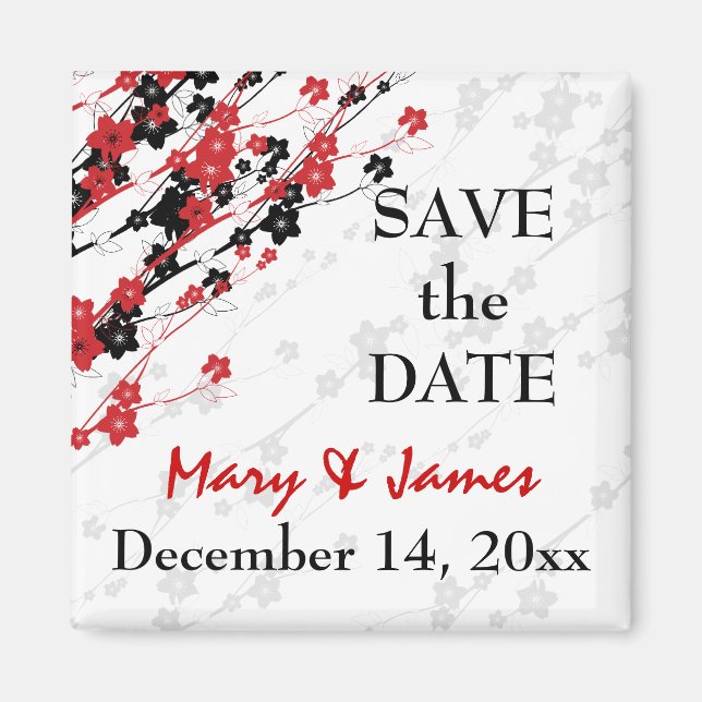 Elegant Save The Date  Japanese Flowers Red Magnet (Front)