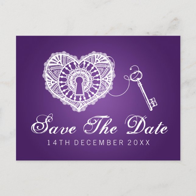 Elegant Save The Date Key To My Heart Purple Announcement Postcard (Front)
