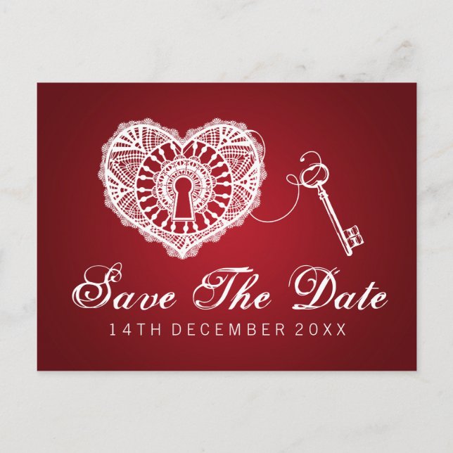 Elegant Save The Date Key To My Heart Red Announcement Postcard (Front)