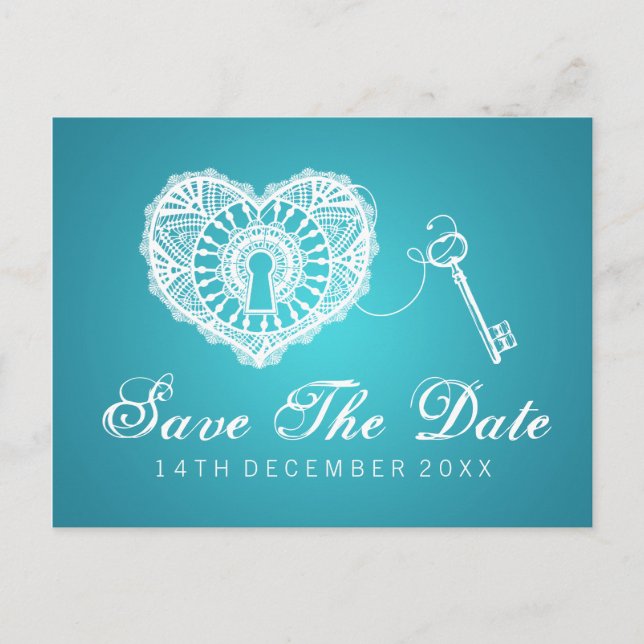 Elegant Save The Date Key To My Heart Turquoise Announcement Postcard (Front)