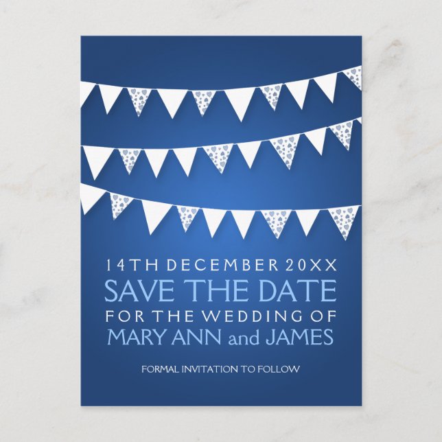 Elegant Save The Date Love Bunting Blue Announcement Postcard (Front)