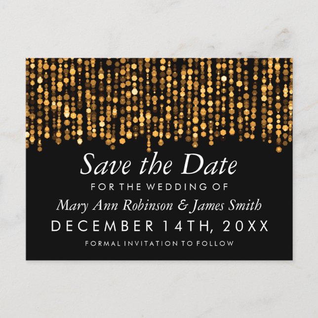 Elegant Save The Date Modern Gold Lights Announcement Postcard (Front)