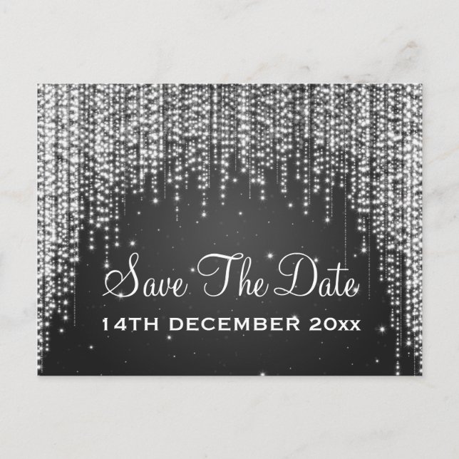 Elegant Save The Date Night Dazzle Black Announcement Postcard (Front)