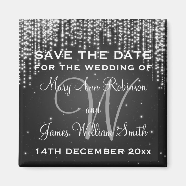 Elegant Save The Date Night Dazzle Black Magnet (Front)