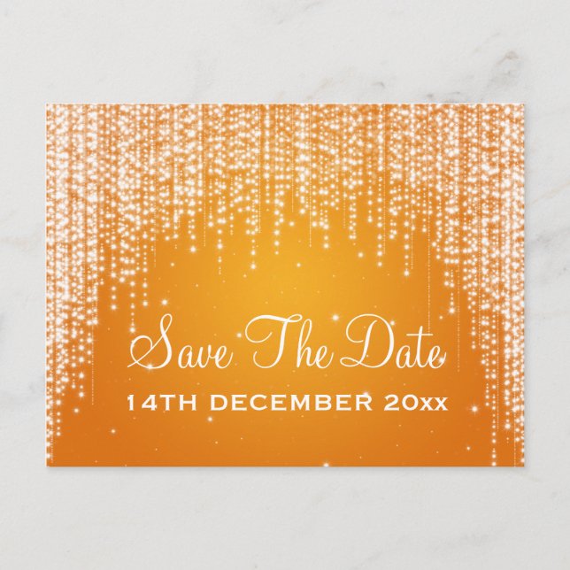 Elegant Save The Date Night Dazzle Orange Announcement Postcard (Front)