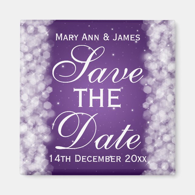 Elegant Save The Date Party Sparkle Purple Magnet (Front)