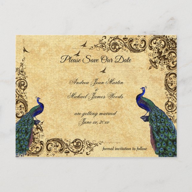 Elegant, Save the Date, Peacocks, Announcement Postcard (Front)