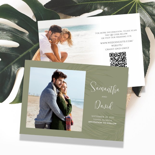 Elegant Save the Date Photo Green Palm Leaves  (Beautiful green Palm Leaves Save the Date photo card with QR code. )