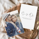 Elegant Save the Date Photo Modern Script<br><div class="desc">Modern and Elegant Handwritten Script Portrait Vertical Photo Save the Date Wedding Card. The save the date invitation card includes a chic and stylish typography with a simple and minimalist design on a White background that you can add your customized engagement photograph picture to.</div>