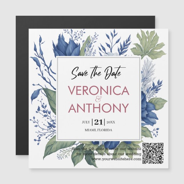 Elegant Save The Date QR Code Floral Wedding Magnetic Invitation (Front/Back)