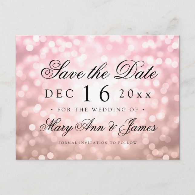 Elegant Save The Date Rose Blush Pink Lights Announcement Postcard (Front)