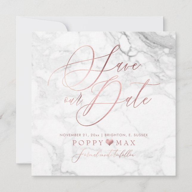 Elegant Save the Date Rose Gold Calligraphy Marble (Front)