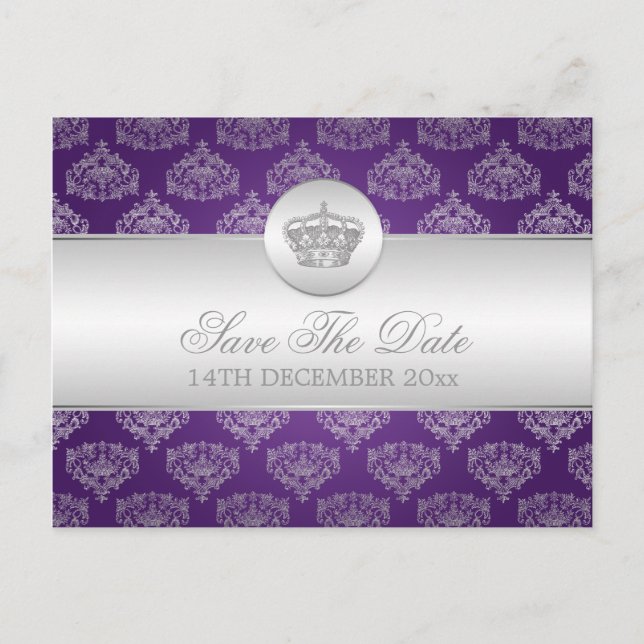 Elegant Save The Date Royal Crown Purple Announcement Postcard (Front)
