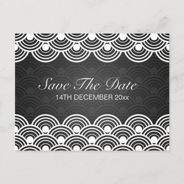 Elegant Save The Date Scalloped Pattern Black Announcement Postcard (Front)