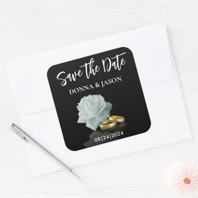 Elegant Save the Date Script White Rose Gold Rings Square Sticker (Envelope)