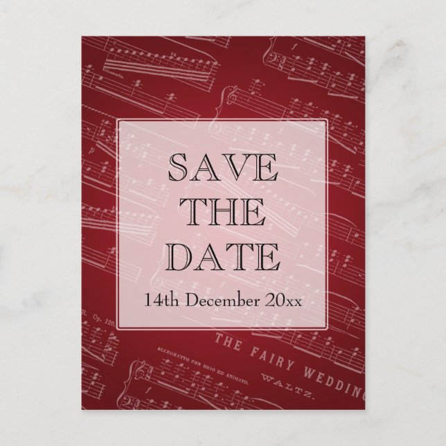 Elegant Save The Date Sheet Music Red Announcement Postcard (Front)