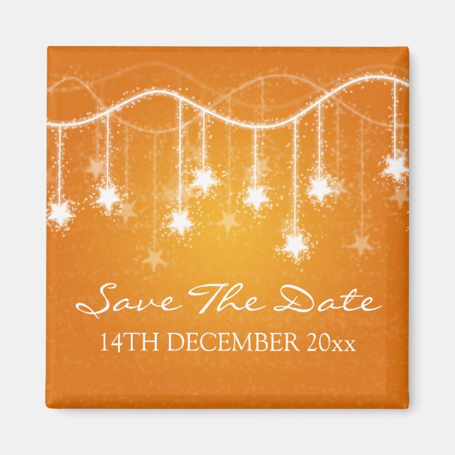 Elegant Save The Date Shimmering Stars Orange Magnet (Front)