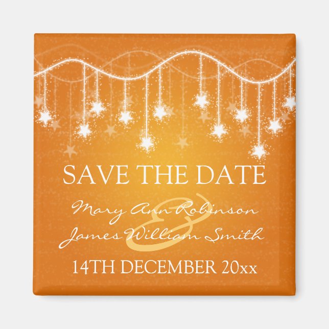 Elegant Save The Date Shimmering Stars Orange Magnet (Front)