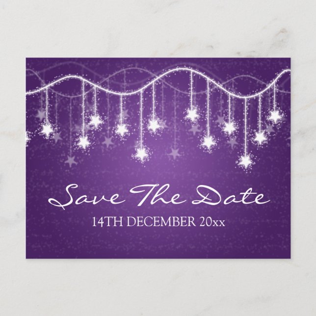 Elegant Save The Date Shimmering Stars Purple Announcement Postcard (Front)