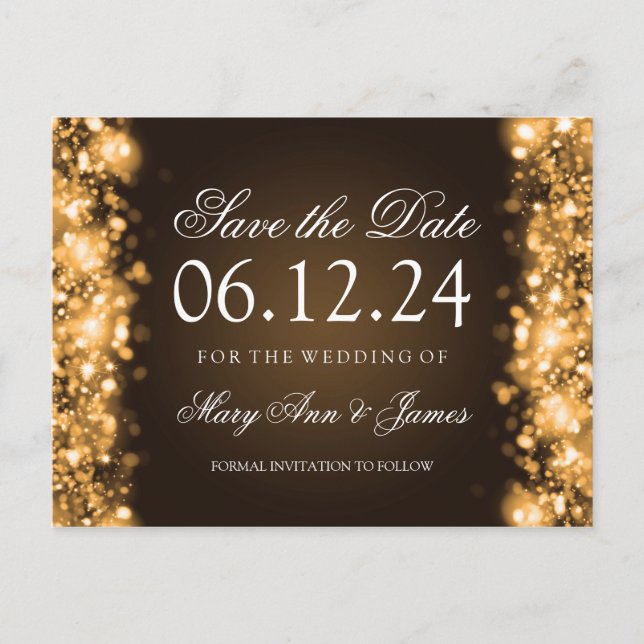 Elegant Save The Date Sparkling Lights Gold Announcement Postcard (Front)