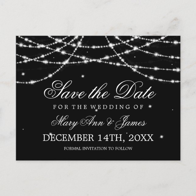 Elegant Save The Date Sparkling String Black Announcement Postcard (Front)