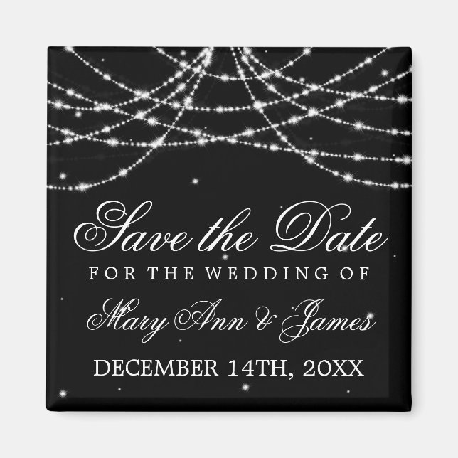 Elegant Save The Date Sparkling String Black Magnet (Front)