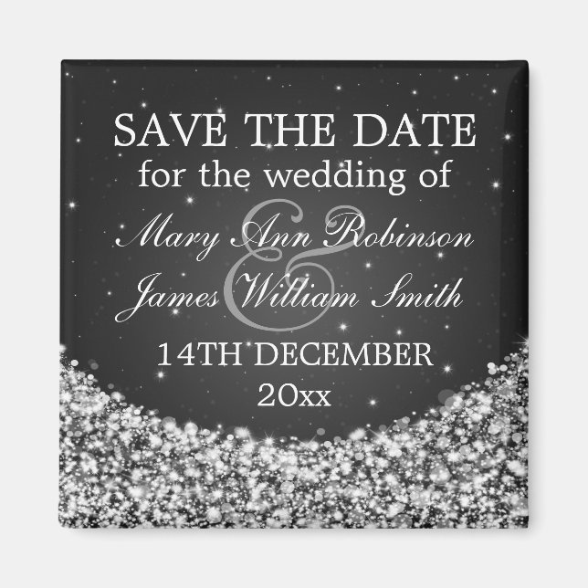 Elegant Save The Date Star Sparkle Black Magnet (Front)