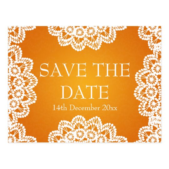 Elegant Save The Date Vintage Lace Orange Postcard