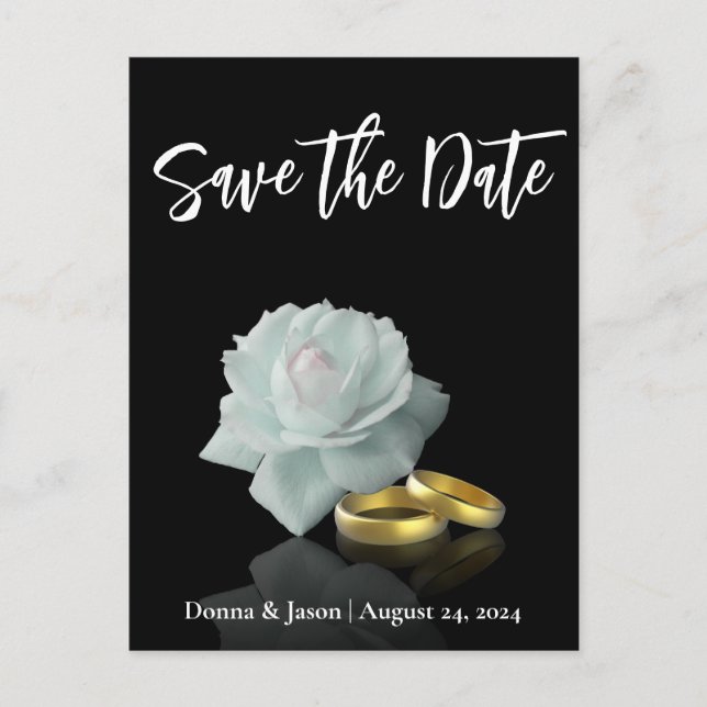 Elegant Save the Date White Rose Gold Rings Script Announcement Postcard (Front)