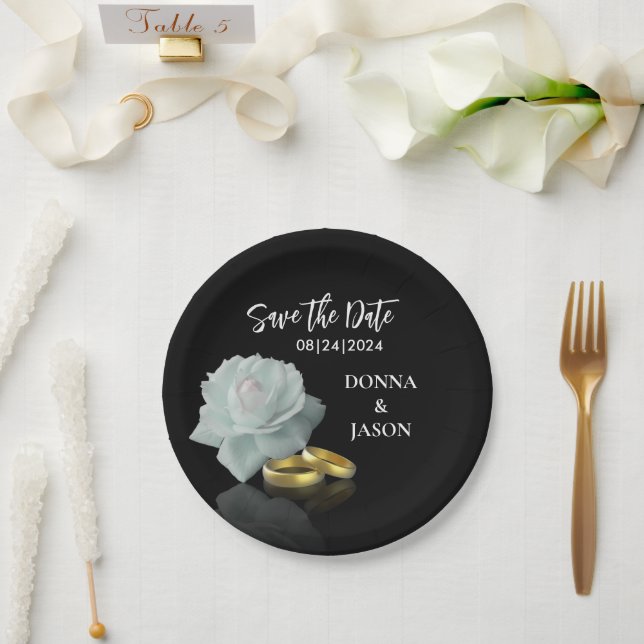Elegant Save the Date White Rose Gold Rings Script Paper Plate (Wedding)