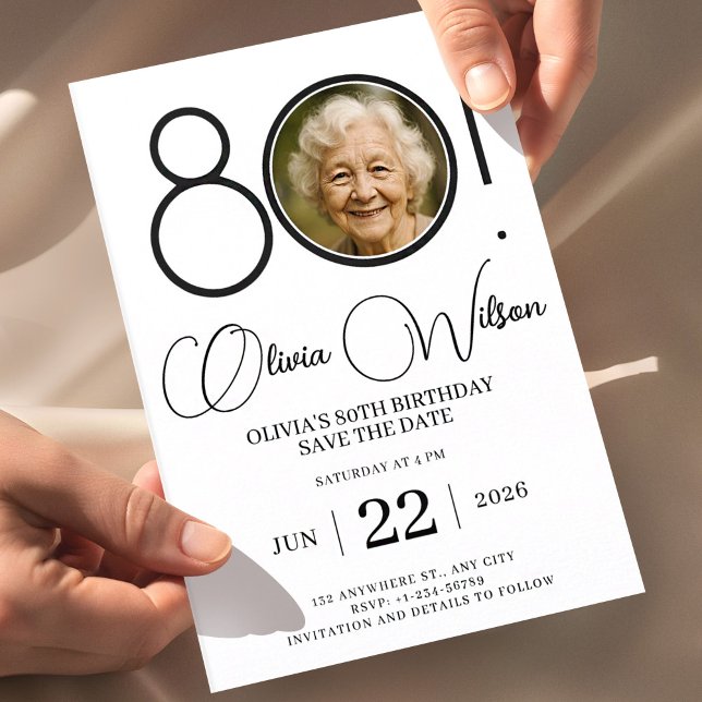 Elegant Save The Date with Photo 80th Birthday Invitation (80th Birthday Invitation, Photo Birthday Invite, Editable Save the Date, Minimal Black and White Inv)