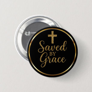 Elegant Saved By Grace Black & Gold Christian 2 Inch Round Button