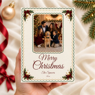 Elegant Scalloped Merry Christmas Family Portrait Holiday Card