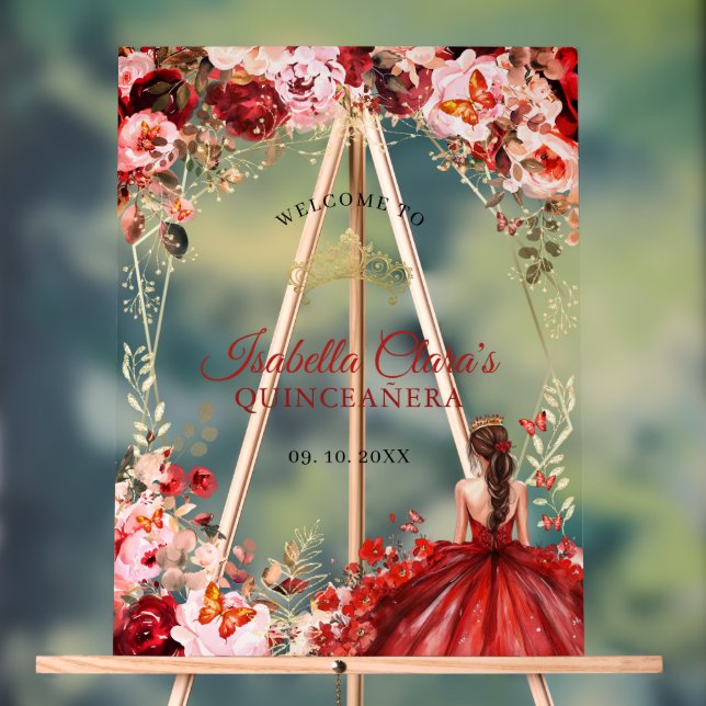Elégant Scarlet Floral Gold Quinceañera Bienvenue (Neutre)