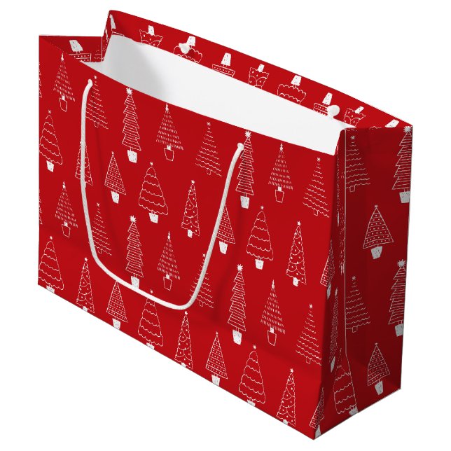 Elegant Scarlet Red White Christmas Pine Tree Large Gift Bag (Front Angled)