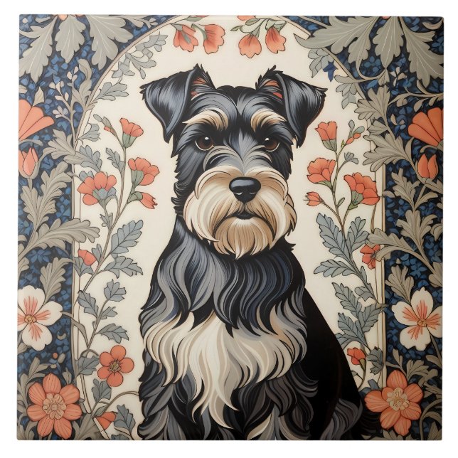 Elegant Schnauzer William Morris Inspired Floral Tile (Front)