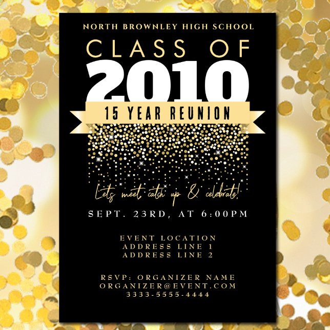 Elegant School Reunion Design Invitation (Elegant High School Reunion design with golden confetti)