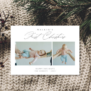 Elegant Scipt Baby's First Christmas Cute 2 Photo Holiday Card