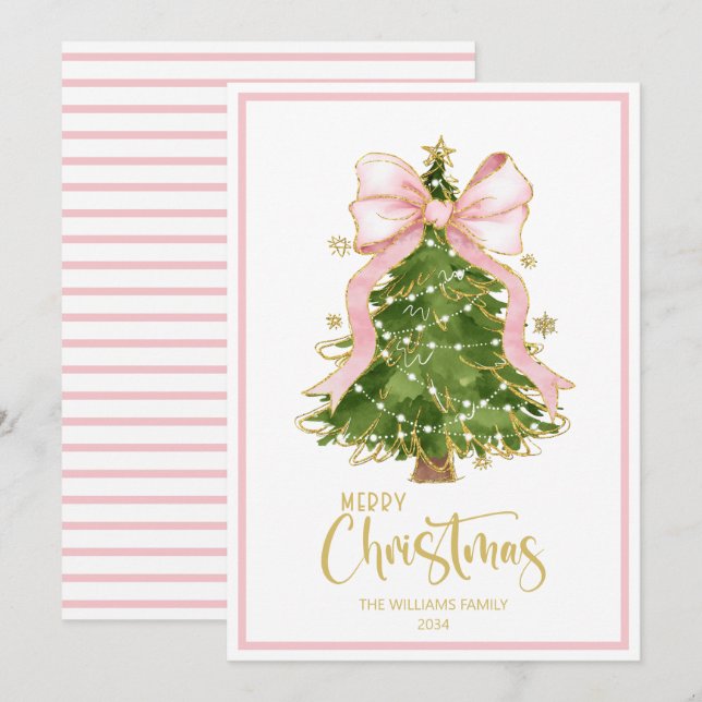 Elegant Scipt Christmas Tree Pink Bow  Holiday Card (Front/Back)