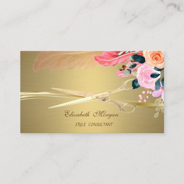 Elegant Scissors,Flowers Feather Faux Gold  Business Card (Front)