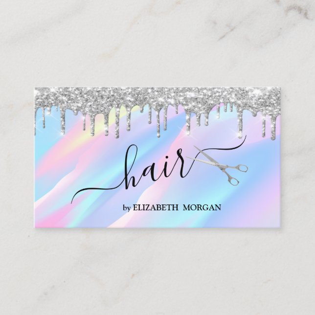Elegant Scissors Silver Glitter Drips Holographic Business Card (Front)