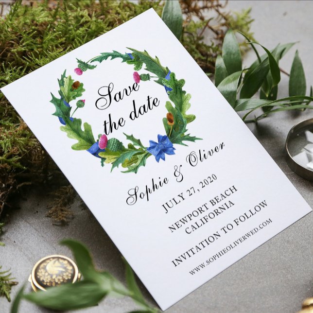 Elegant Scottish Thistle Floral Wreath Save The Date (Creator Uploaded)