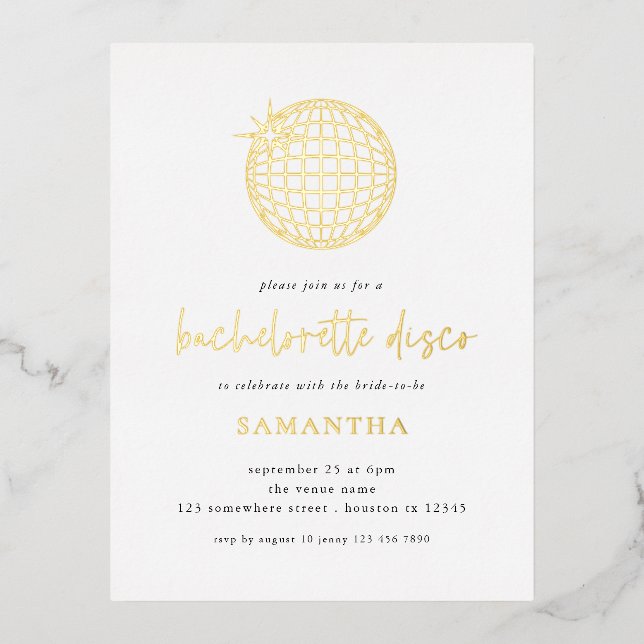 Elegant Scriot Disco Ball Bachelorette Party Real Foil Invitation Postcard (Front)