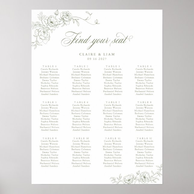 Elegant Scrip 12 Table Rose Wedding Seating Chart (Front)