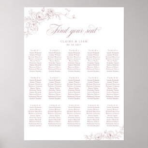 Elegant Scrip 15 Table Rose Wedding Seating Chart