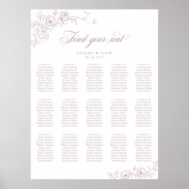 Elegant Scrip 15 Table Rose Wedding Seating Chart (Front)